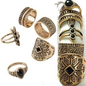 Free People Count Your Lucky Stars Ring Set in Antique Gold Onyx Bohemian Witchy